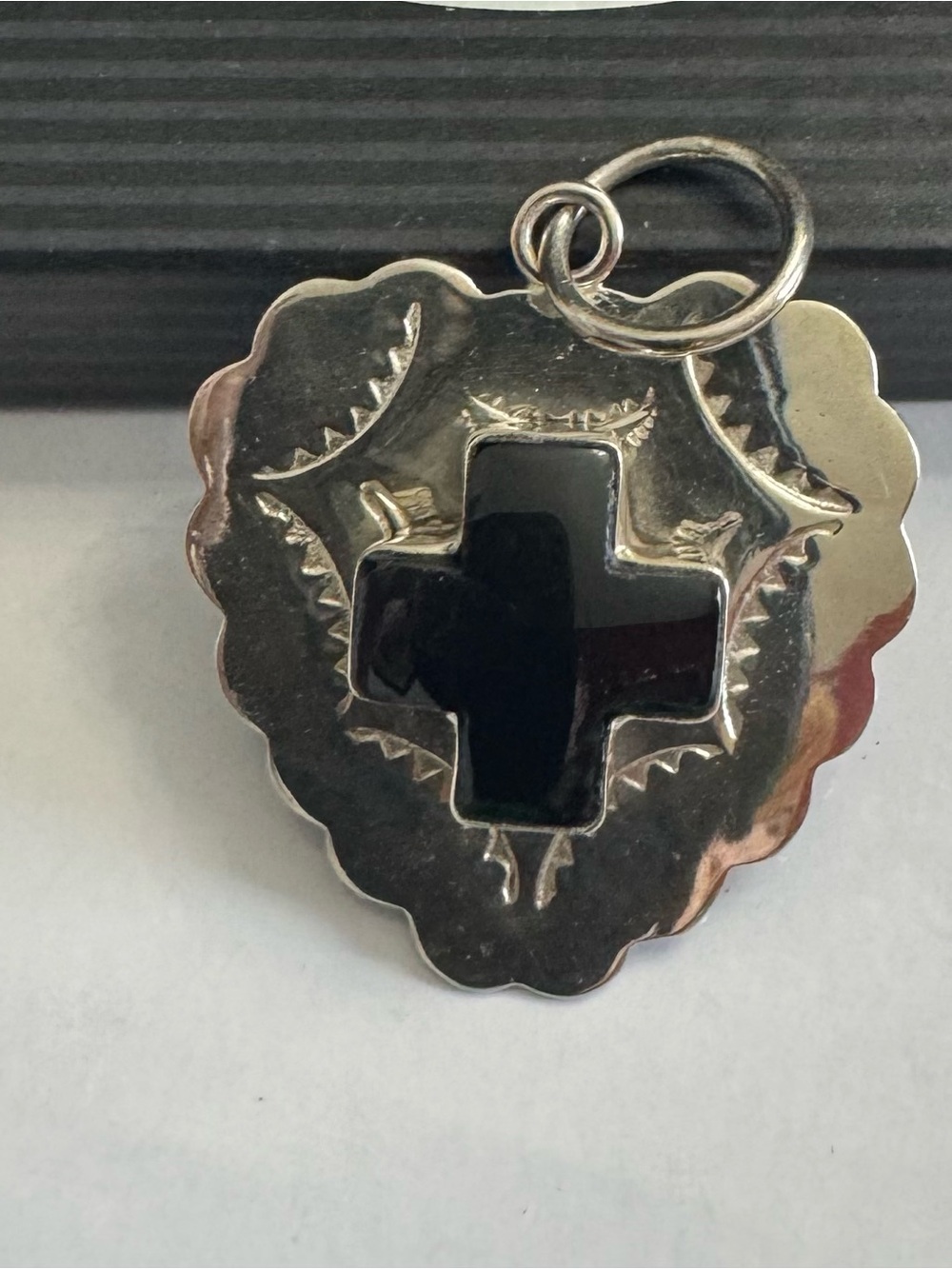 Sterling Silver Heart shaped Pendant wi/Black Onyx Cross Accent  Southwest look! - Picture 6 of 7